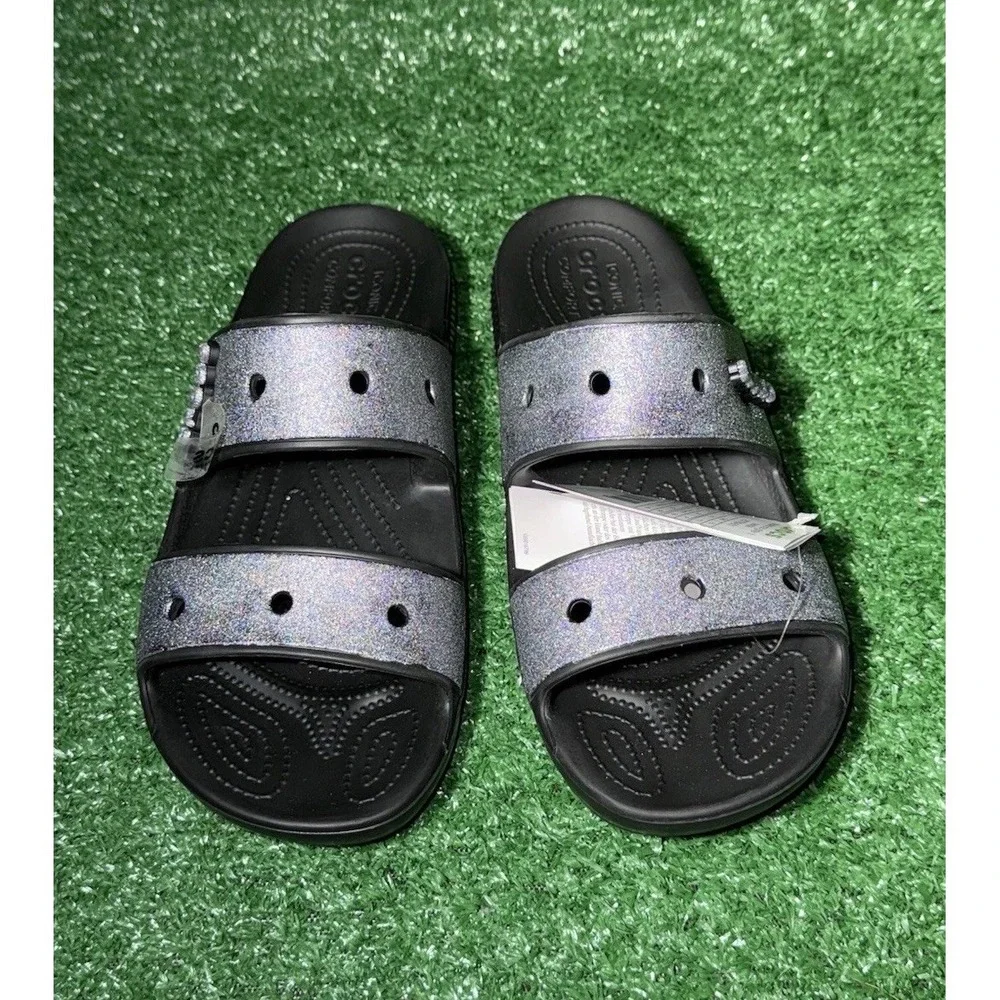 NEW! Crocs Glitter Strap Slide Sandals Black Silver Women's Size 14 Men's‎ 12
